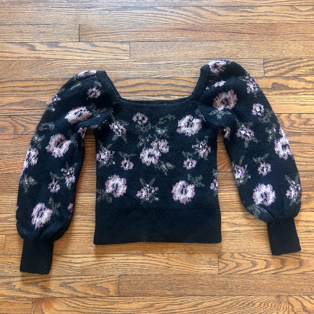 Anthropologie Black and Pink Floral Crew Neck Sweater